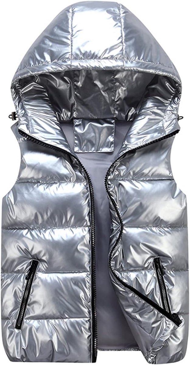 gewatteerd vest voor heren en dames, glanzend, gevoerd, mouwloos, licht vest met capuchon, uniseks