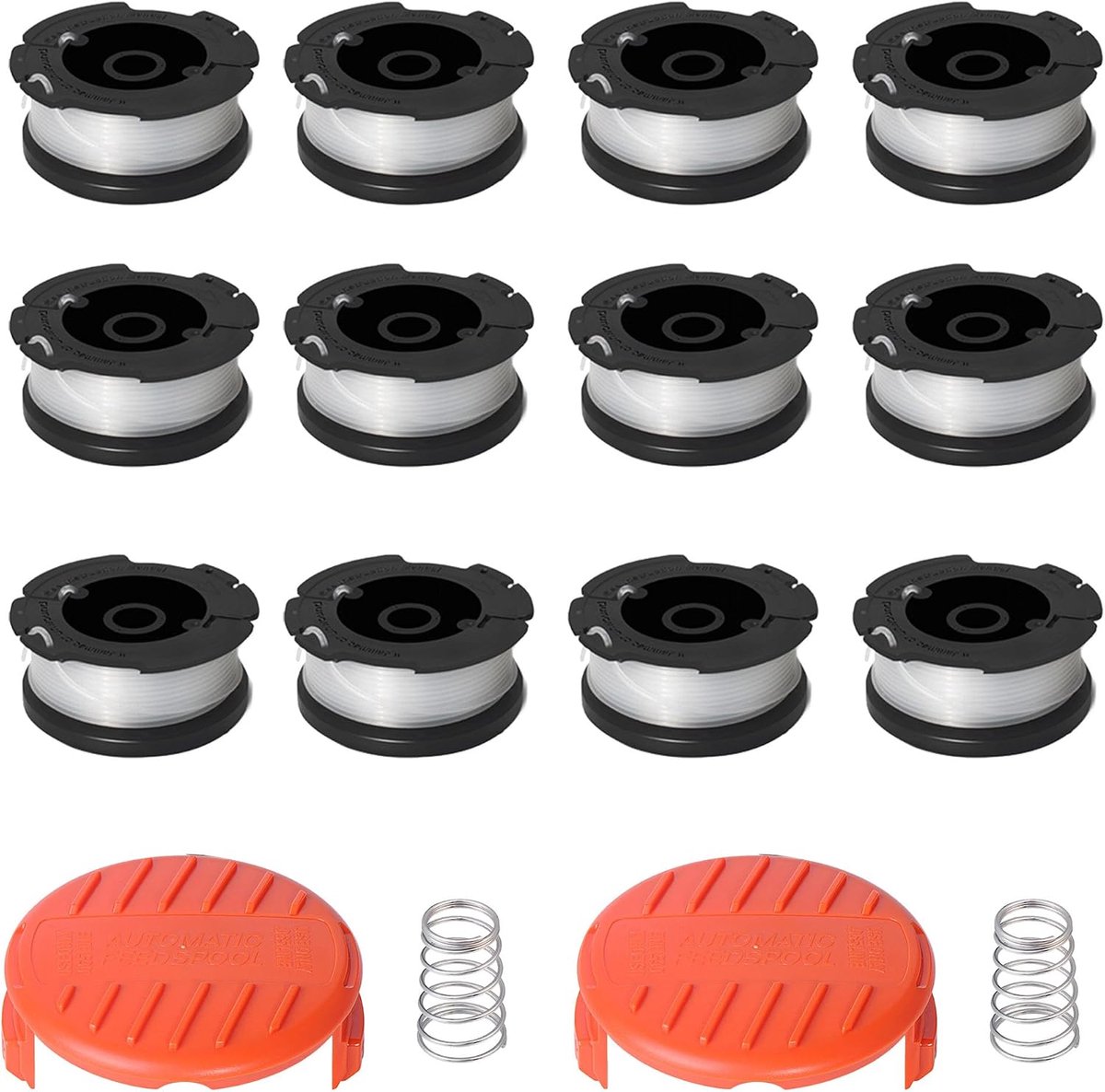 16 stuks lijnsnaartrimmer vervangende spoelset, onkruidverdelger cap, automatische voertrimmer, 0,07 inch, 30 ft, compatibel met zwart en Decker AF-100, 12 spoelen + 2 doppen + 2 veren