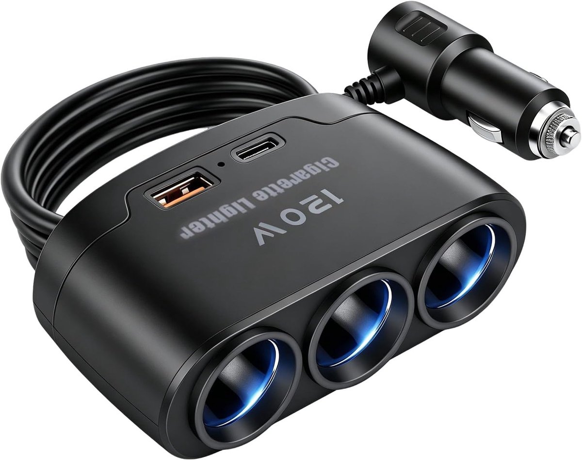 120 W sigarettenaansteker 12 V/24 V met 3 stopcontacten USB C PD 3.0 & QC 3.0