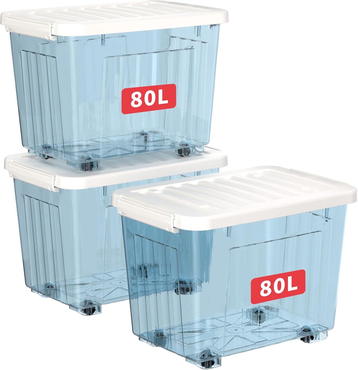 80L x 3 plastic opbergdozen met wielen, opbergdoos met deksel en veilige zijvergrendelingen, PP nestbare en stapelbare doorzichtige organizer voor thuis, kantoor, verhuizen, transparant blauw