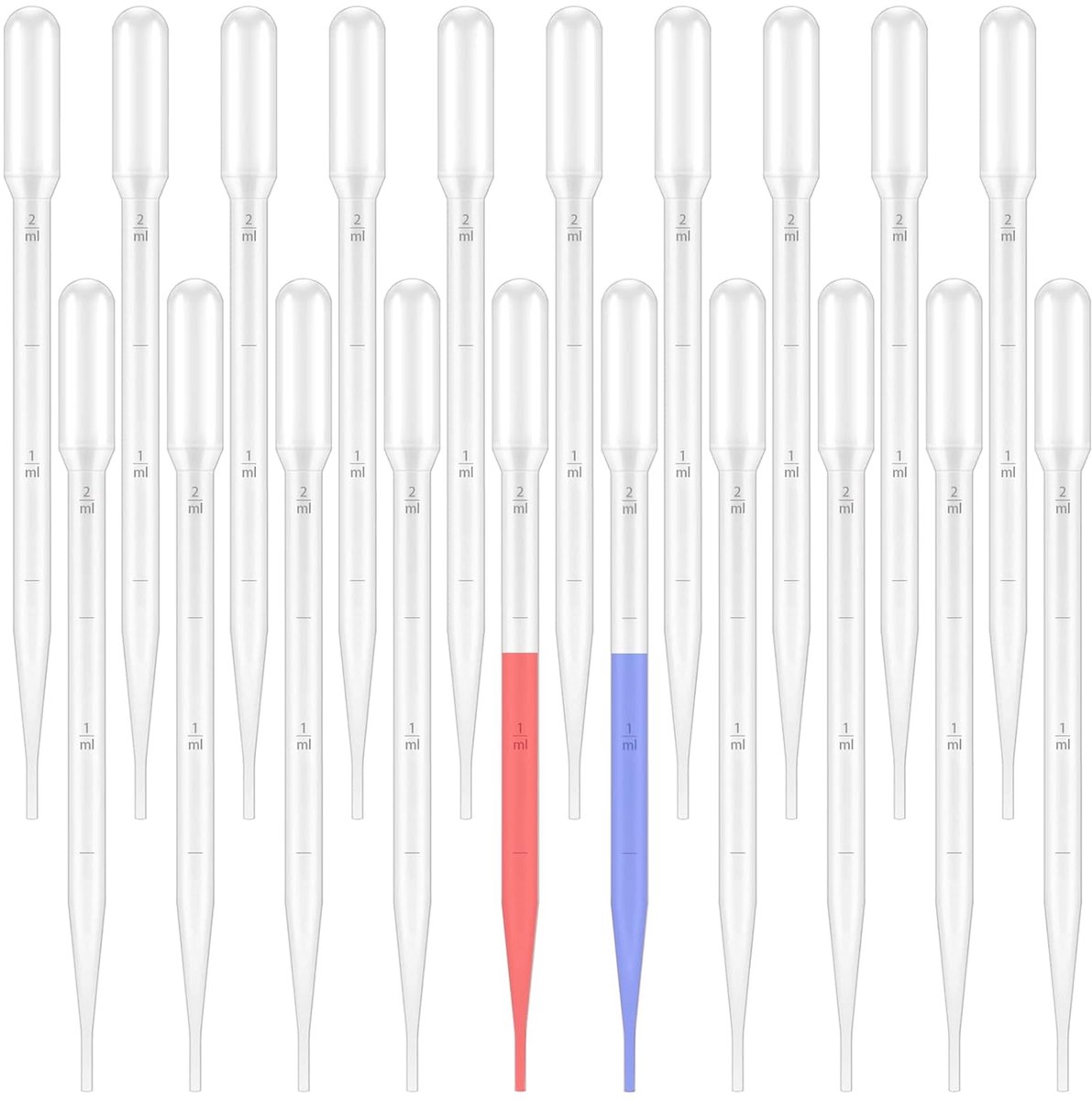 20 stuks pipet, pipetten, plastic pipetten, 2 ml, pimpet, transferpipetten van kunststof, met schaal, voor laboratoriumtests, experimenten, etherische oliën (2 ml)