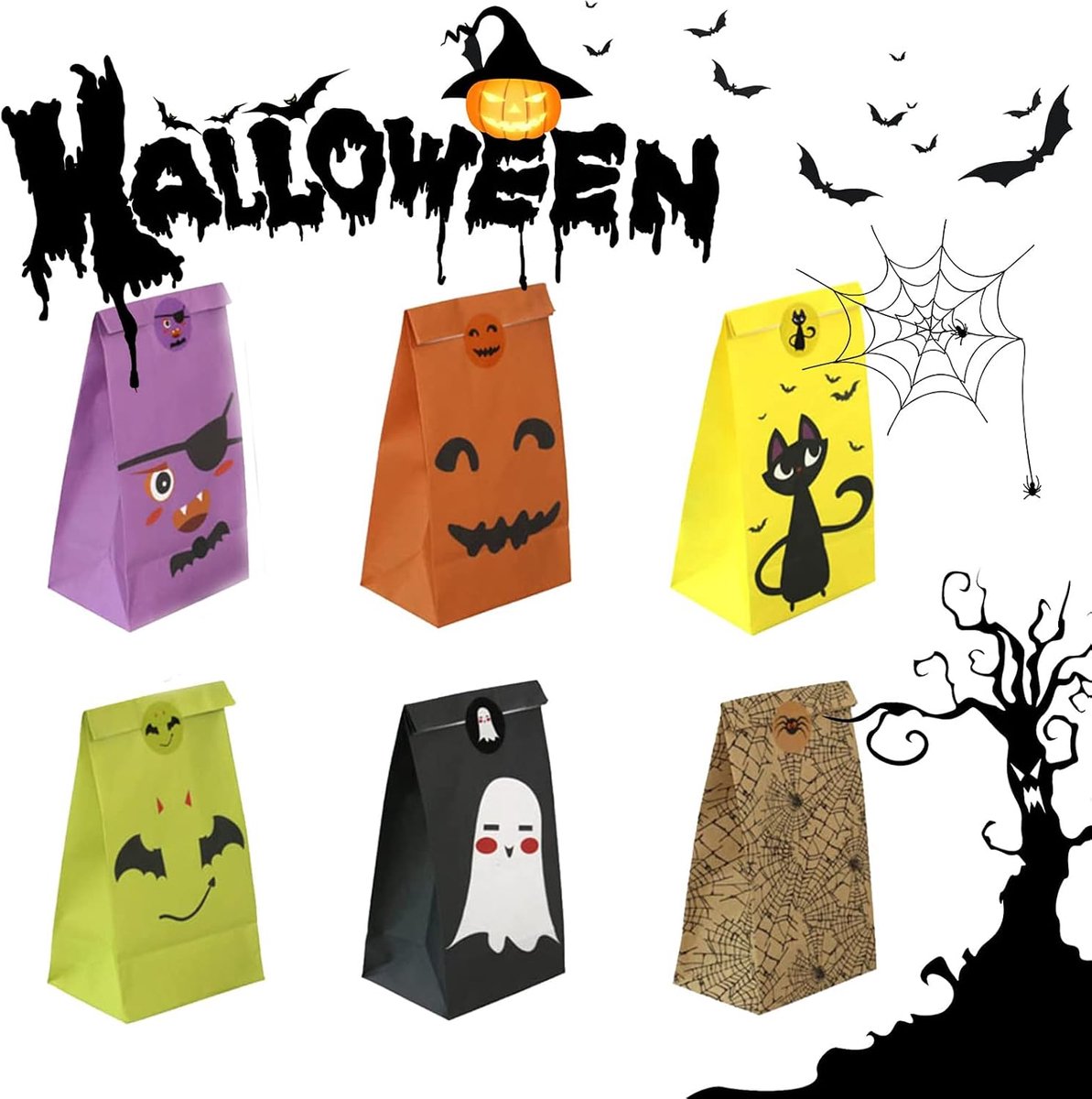 24 stuks Halloween snoepzakjes, papieren zakken, snoep, cadeauzakjes met stickers, papier voor decoratiebenodigdheden