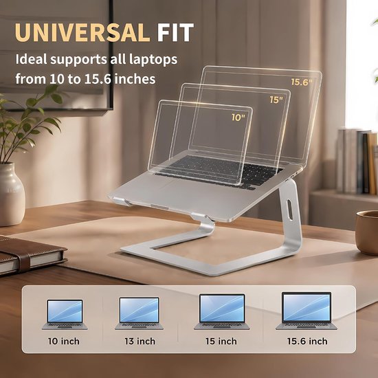 Laptopstandaard aluminium laptop riser compatibel met notebookcomputer(10~15,6 inch), Apple Mac MacBook Air Pro, HP, Dell, Samsung, Acer, afneembare ergonomische notebookstandaard, Zilver — afbeelding 4