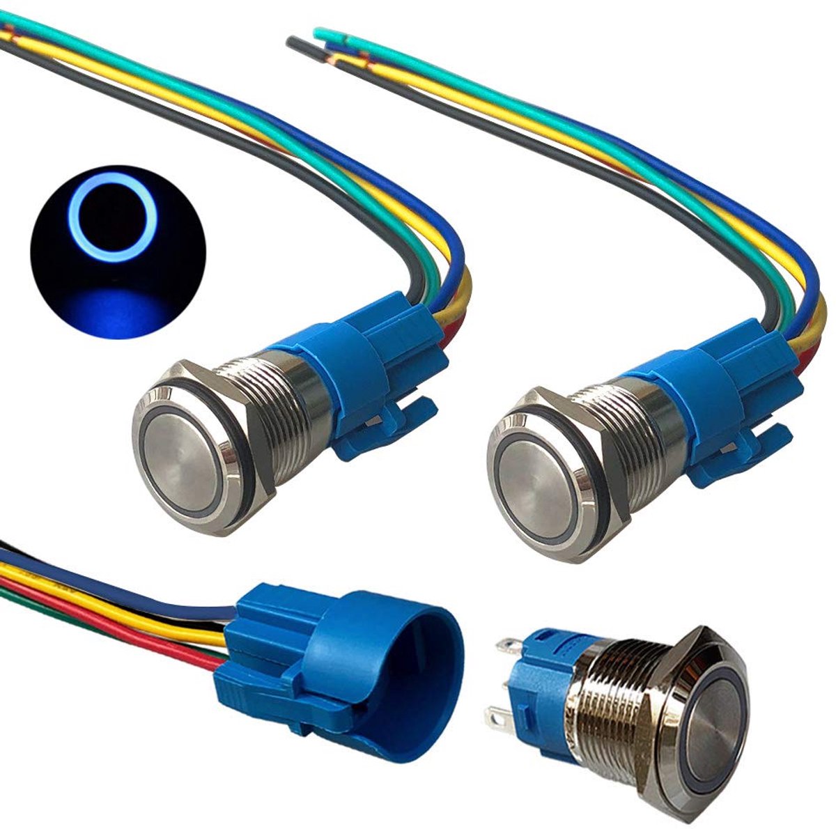 3 Stks Premium 12V/24V 5A Momentary Drukknopschakelaar, 19mm Auto Ontsteking Starter Schakelaar, Blauw LED Licht Roestvrij Staal IP67 Waterdichte Schakelaar met Socket Plug Draad