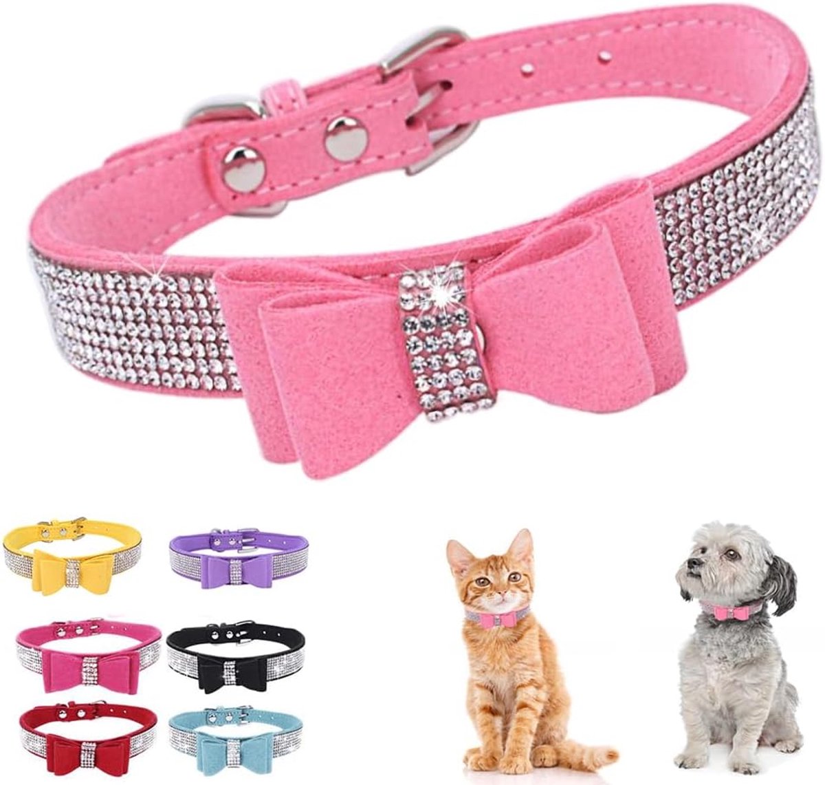 Hondenhalsband met strik Crystal Rhinestone Verstelbare Zachte Puppy Kat Huisdier Halsbanden Roze Klein