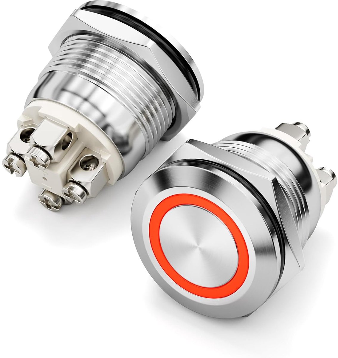 2 stuks 19 mm LED roestvrij stalen drukknoppen, waterdicht IP65 momentknop met 4 schroefklemmen 12-24V DC ideaal voor boten, auto's, industrie (rood)