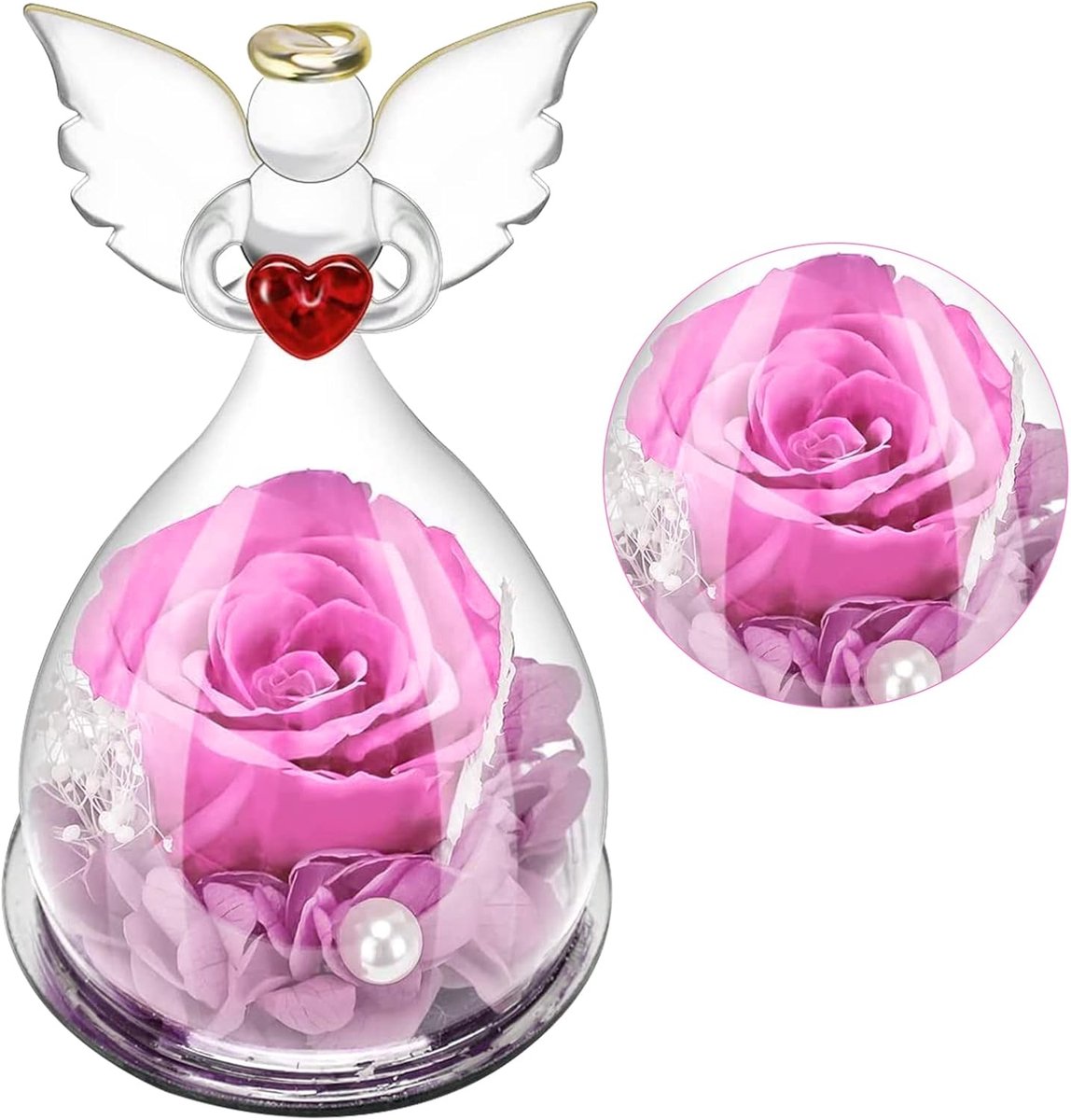Dailygoods- Eeuwige Rozen - Rozen in Engelfiguur - Glazen Koepel - Handgemaakt - Bloemendecoratie - Cadeau voor Vrouw