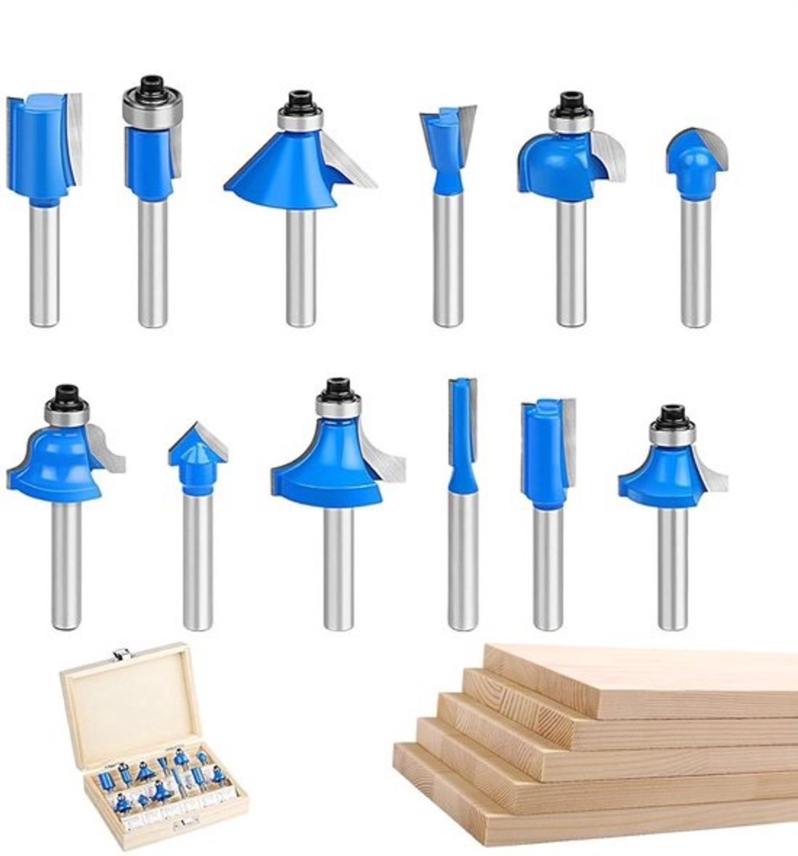 Freesbitsets - 12-Delige Legering Geleidegereedschappen Inclusief Opbergkoffer,6 mm Decoratieve Frezen voor Meubels en Houtwerk,voor Randafwerking Meubelmakerij