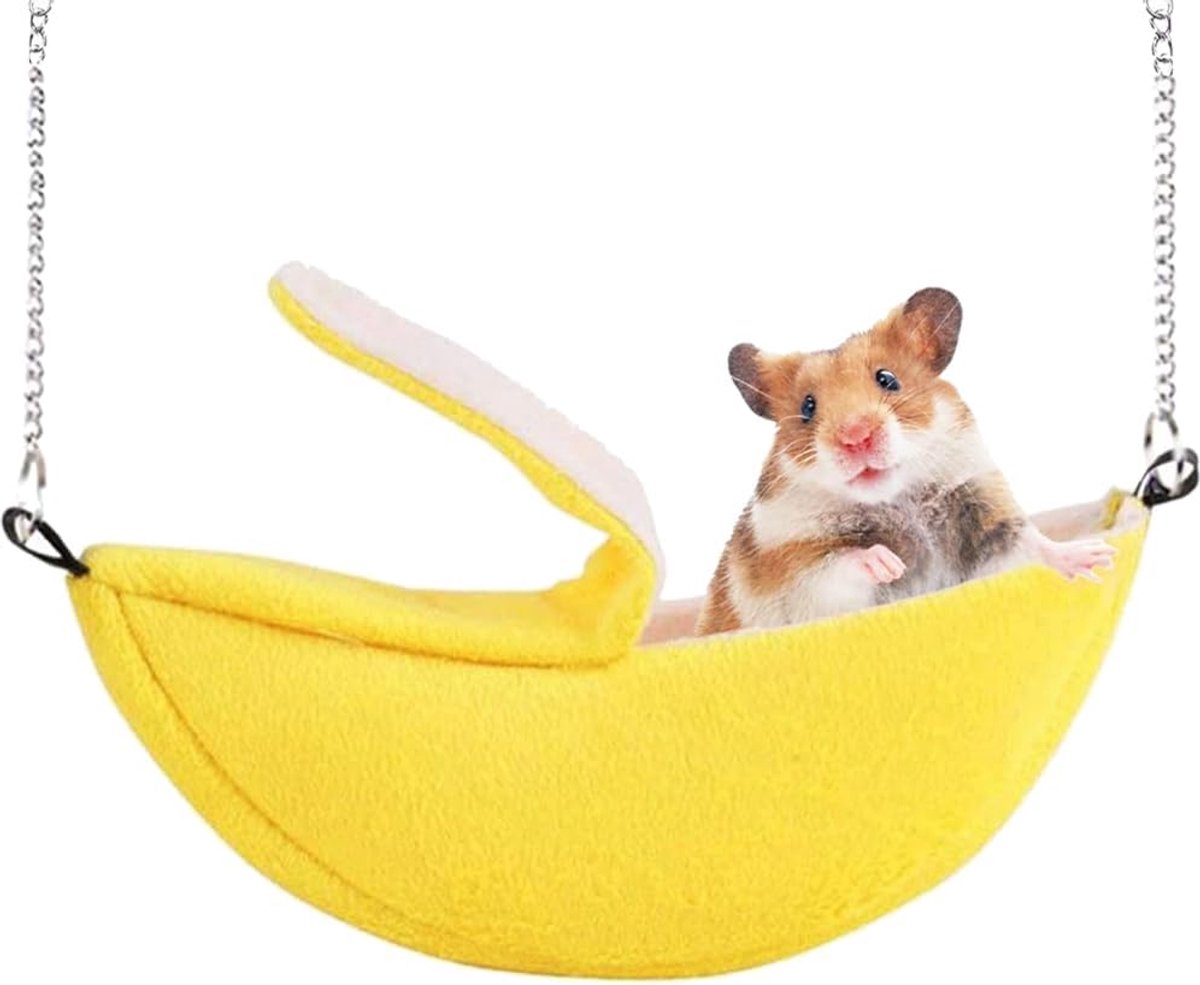 Dailygoods- Hangmat Bananendesign - Hangmat voor Kleine Dieren - Schuilplaats/Bed - Warm Pluche - Katoen/Spons - Afmetingen 20 x 6,5 cm - Knuffelhol