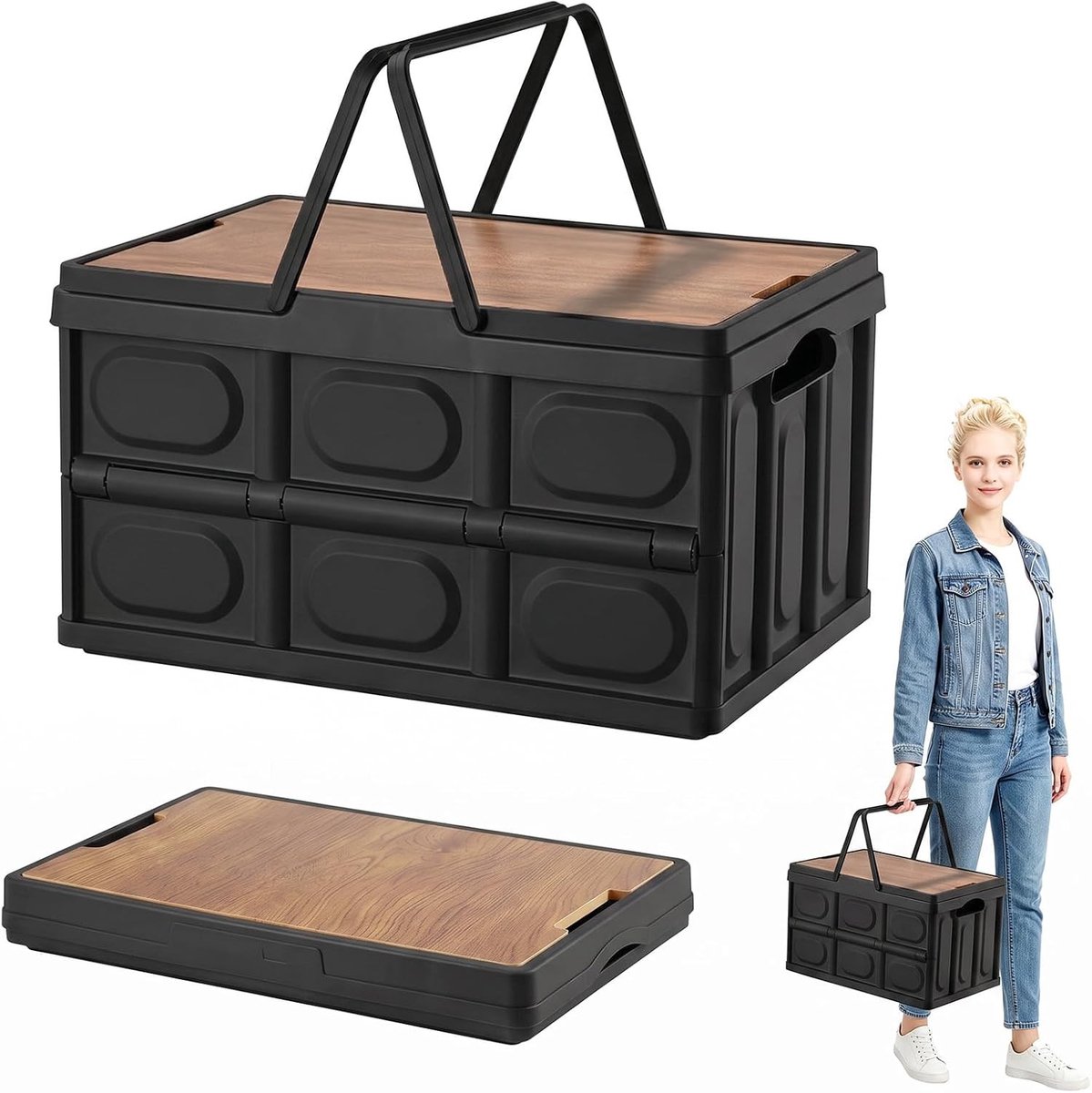 Opvouwbare Campingbox - Zwart - 43 x 30 x 24 cm - Duurzaam met Houten Deksel - Voor Thuis en Outdoor