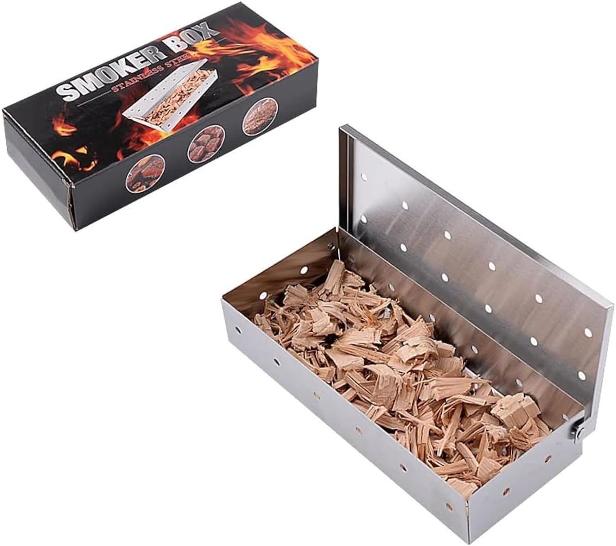 Dailygoods- Rookbox voor gasgrill - Rookbox voor rookoven - BBQ Grill - Houtskool- en gasbarbecues - Roestvrij staal - 22 x 9 x 4 cm - Smokerbox
