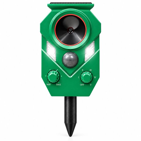 Groene ultrasone verjager met een zwart insteekelement, op een witte achtergrond.