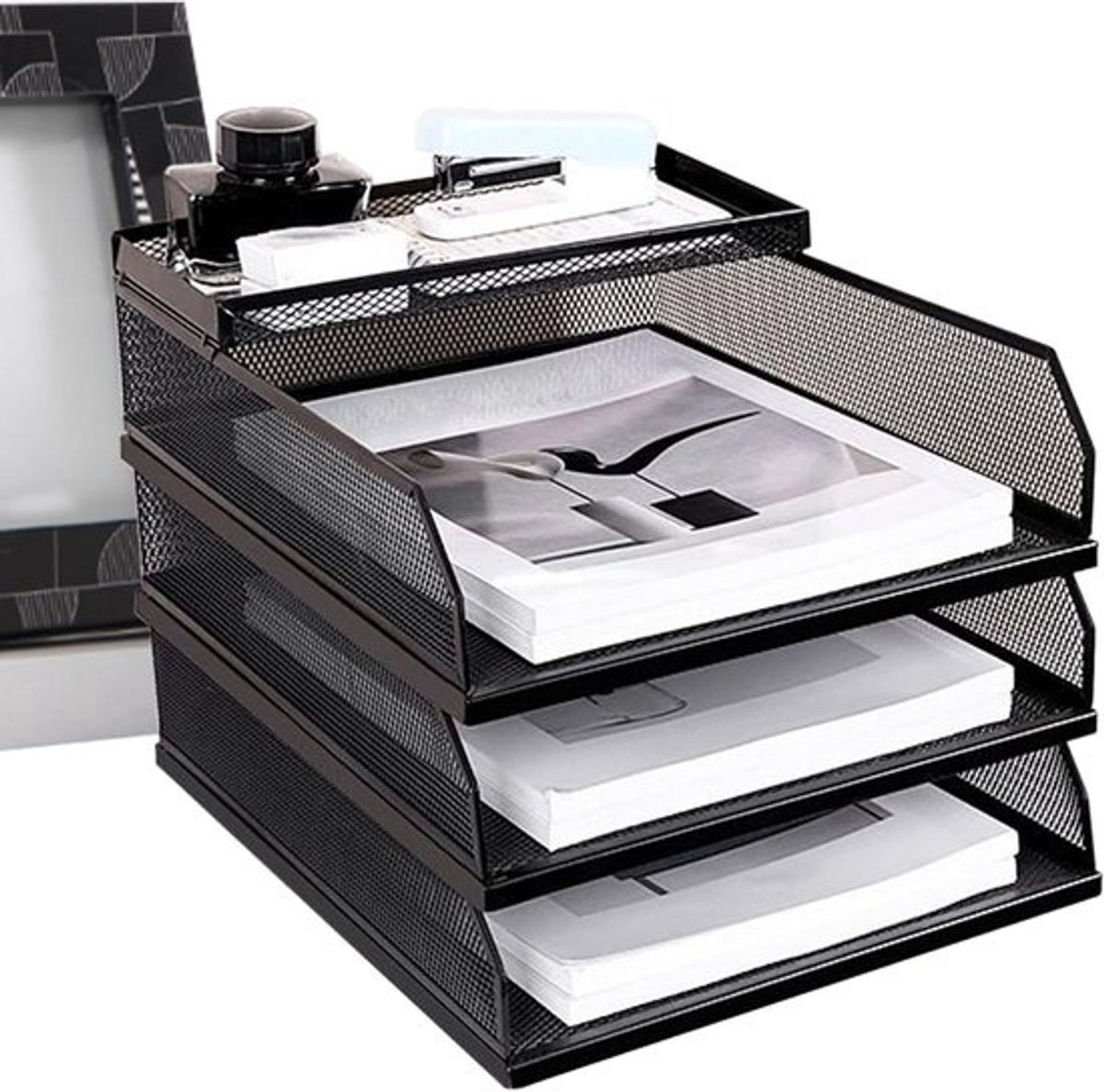 Bureaulades Organizer - Opbergrek Papier - Documenten Sorteren - Luchtstroom Ventilatie - 3 Lagen - Zwart