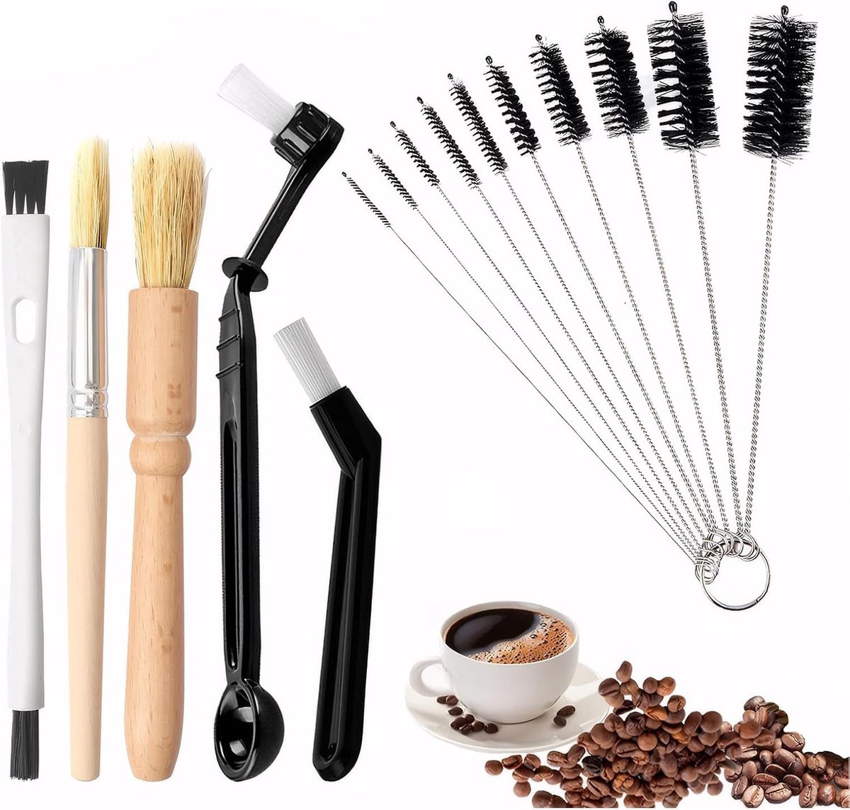15-Delige Koffiemachine Reinigingsset – Houten Borstels voor Molen & Nylon Borstels voor Groepskop, Barista Accessoires met Pijpenragers, Onderhoudsset