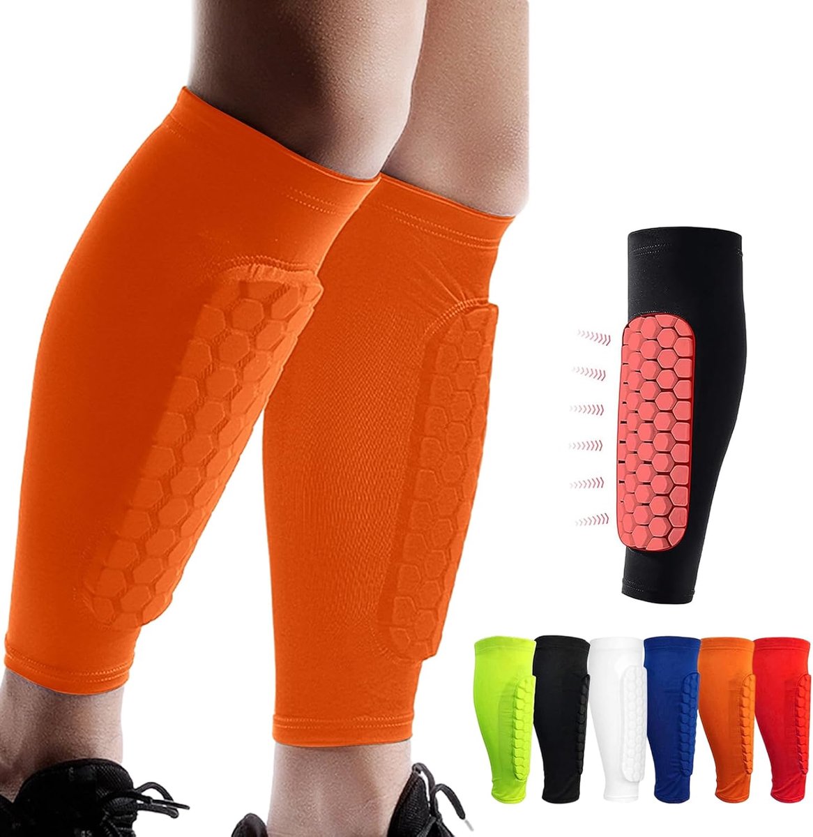 Shin Guards Pads, Honingraat Compressie Mouw Voetbal Scheenbeschermers voor Jongens, Tieners en Volwassenen, Voetbalverdediger Pads met Superieure Impact Absorptie, Lichtgewicht