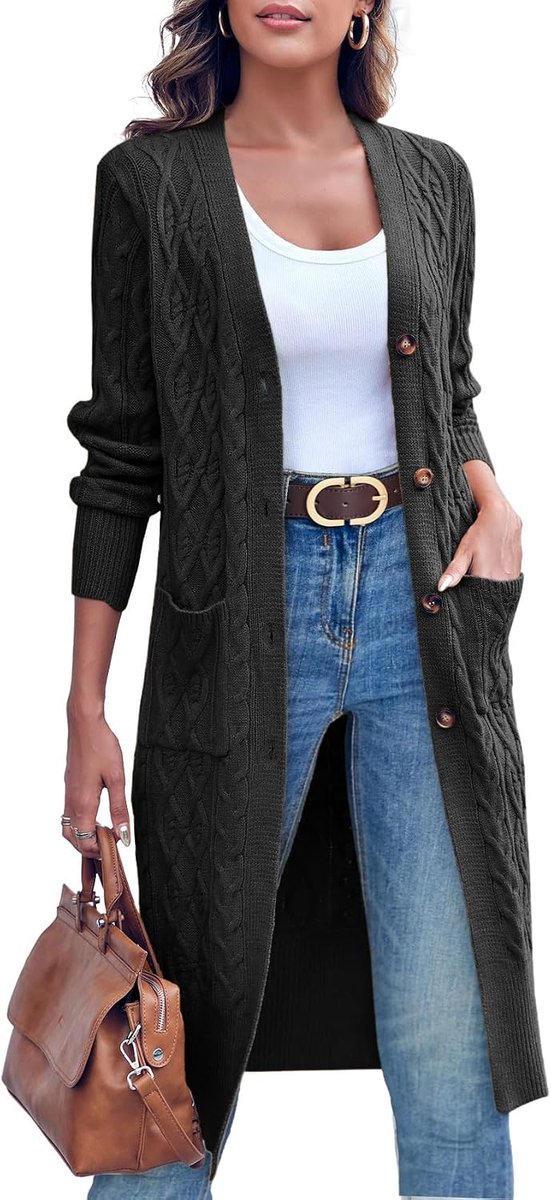Bela Gebreid vest voor dames, lang vlechtpatroon, open voorkant, cardigan, lange mouwen, herfst, winter, gebreid vest met zakken