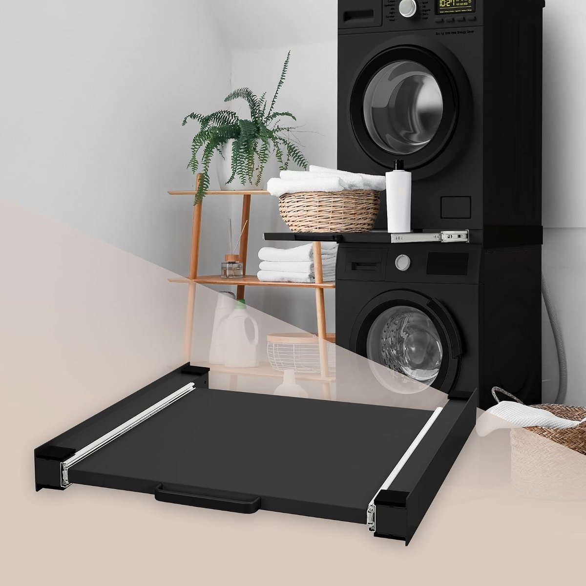 Universeel Tussenframe met Uitschuifbare Plaat van Staal 60x60 cm Zwart Verbindingsframe voor Wasmachine en Droogkast Tussenbouwset met Uitschuifelement als Opbergruimte voor Wasmand