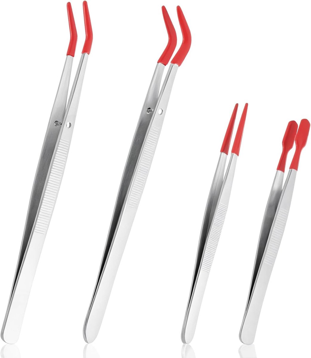 4 stuks pincetten met rubberen punt, lange roestvrijstalen pincet, gebogen pincet, roestvrij staal, platte punt, PVC-siliconen gecoate punten, voor handwerk, industrie, sieraden, elektronica,