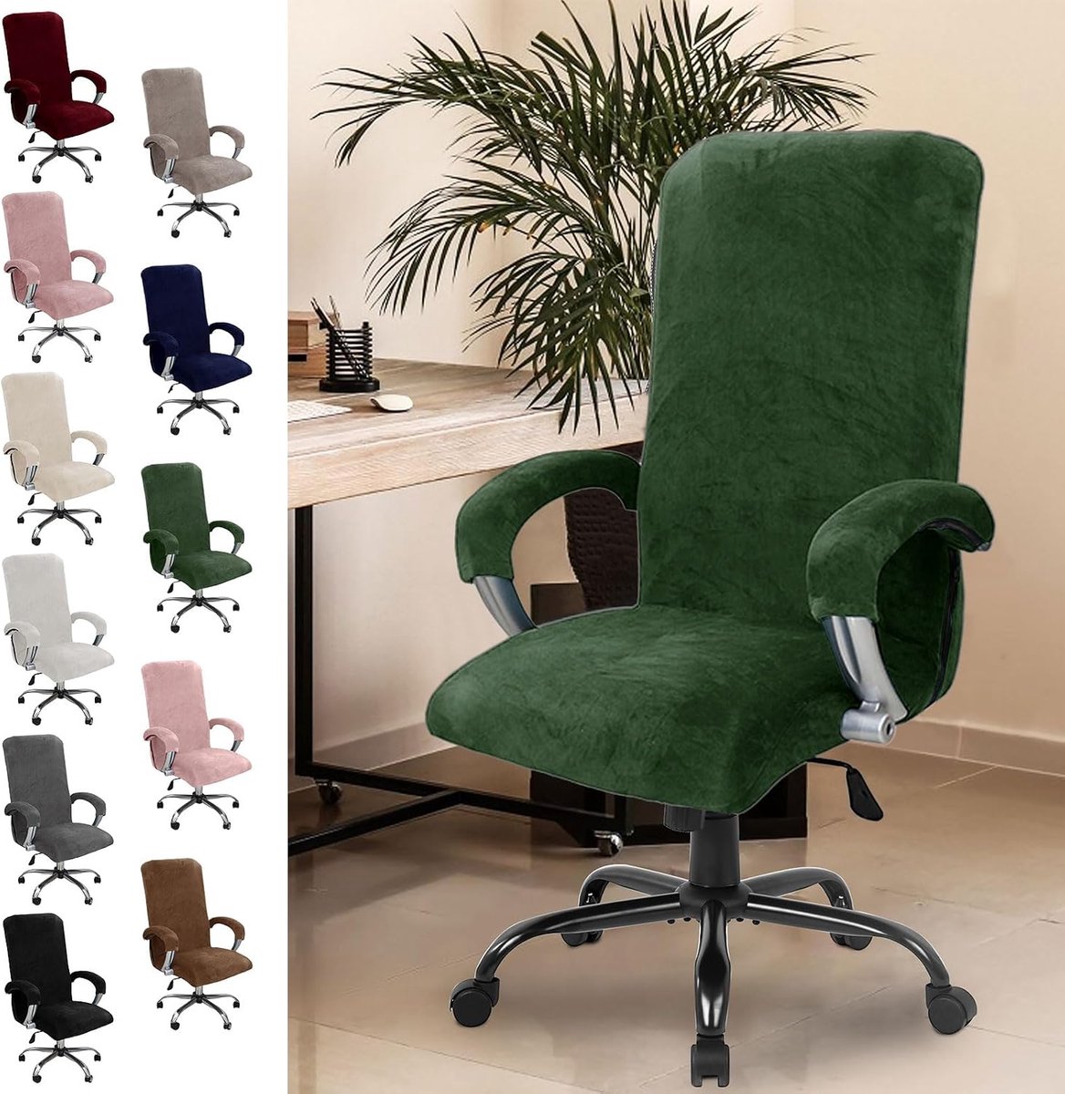 bureauhoes met armleuning, stoelbekleding, hoge rugleuning, gamingstoel, stoelbekleding, elastische hoezen, olijfgroen