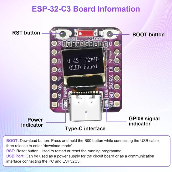 ESP32-C3 module ESP32-C3 OLED ontwikkelingsboard met 0,42 inch oled-display en 2,4 G wifi, bluetooth, 4 MB Flash, USB-poort van type C voor de IoT-ontwikkeling, compatibel met Arduino (2 stuks) — afbeelding 4