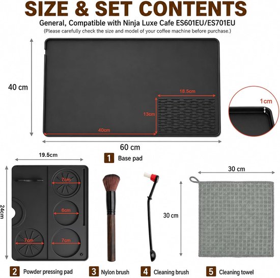 siliconen, 5-delige siliconen mat, koffiezetapparaat, 40 x 60 cm, antislip, hittebestendig, afneembare tampingmat, reinigingsdoek, borstels, compatibel met Ninja — afbeelding 2