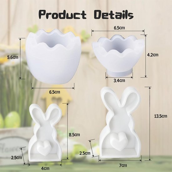 4 Stück Silikonformen Gießformen, Kaninchen Silikonform Ostern, 3D Kaninchen Gießform Ostern, Sojawachs Kerzen, Ostergeschenke (Eier und Kaninchen) — afbeelding 2