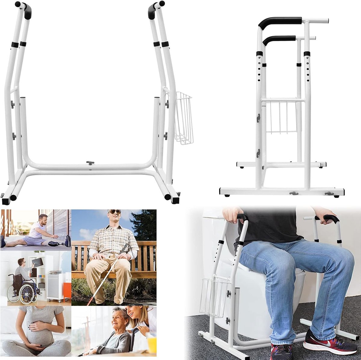 Toiletframe Mobiele Toilet Opstahulp - Hoogteverstelbaat WC Opstahulp Toiletsteun met Opbergmand Toiletsteunframe Steunhulp max 200KG voor Senioren Gehandicapten Zwangere Vrouwen