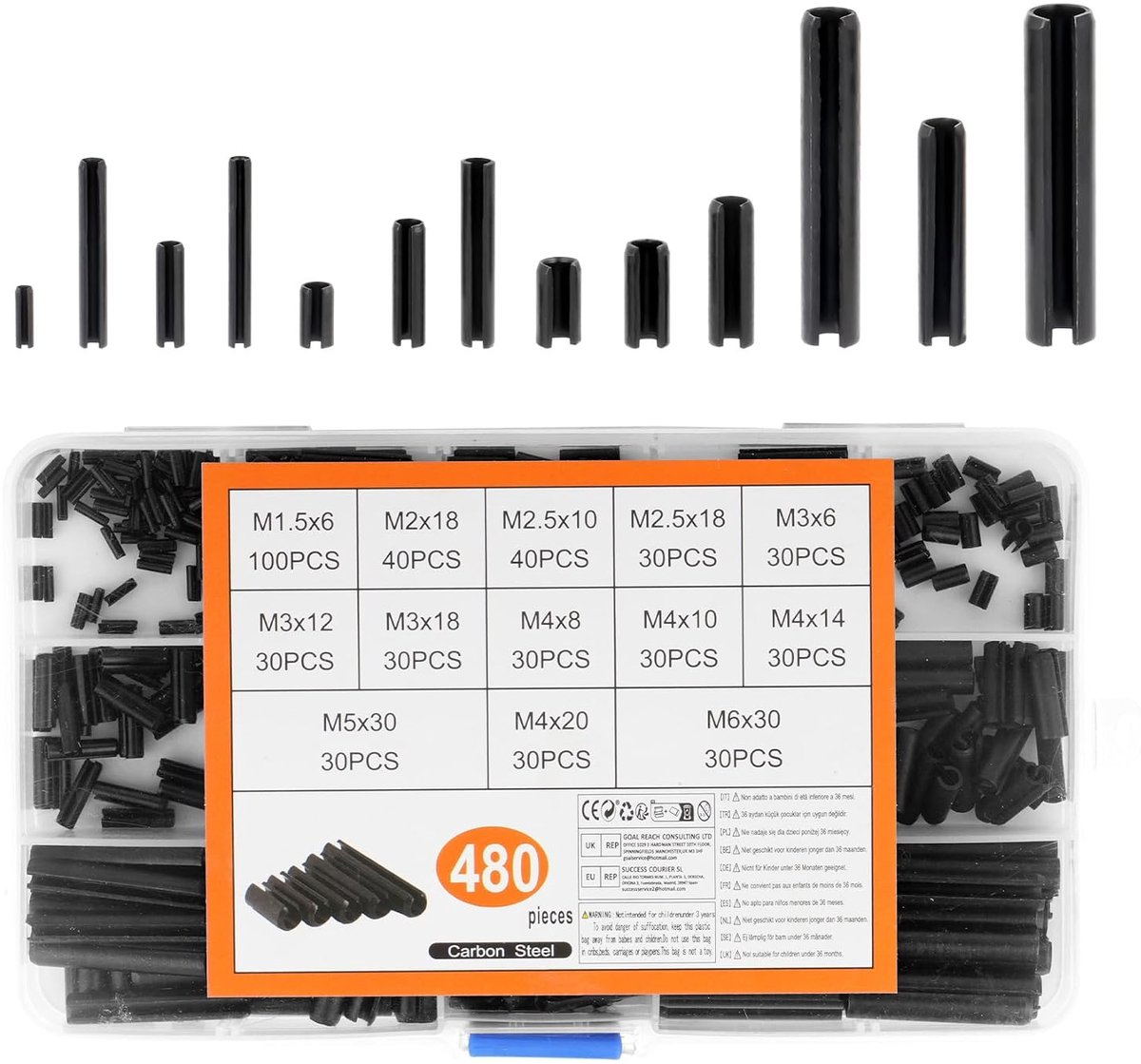 480 Stuks Spanpennen en Holle Splintenset - Splintenassortiment, Veerstiften, Borgstift in Mangaanstaal, Inkepstiften (M1,5/M2/M2,5/M3/M4/M5/M6)