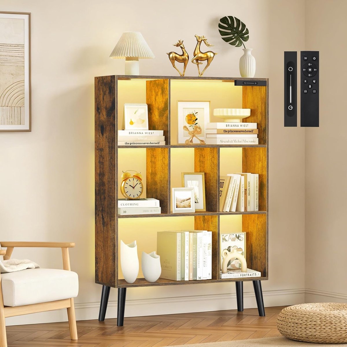 7-Kubus Boekenkast met LED, Dimbaar, Touch & Afstandsbediening, Vrijstaand Houten Rek, Open Opbergkast, Displayrek voor Woonkamer, Slaapkamer, Kantoor