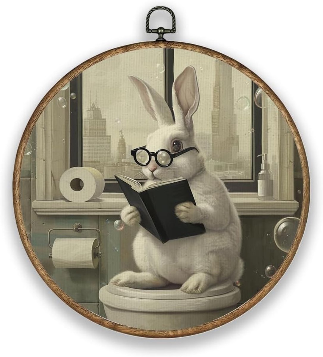 Badkamerhaas met bril, letters, houten textuur, kunststof frame, rond, muurkunst, decoratie, 26 cm, lezen, polyester, wandbekleding, deurdecoratie voor badkamer, tuin, balkon, hotels