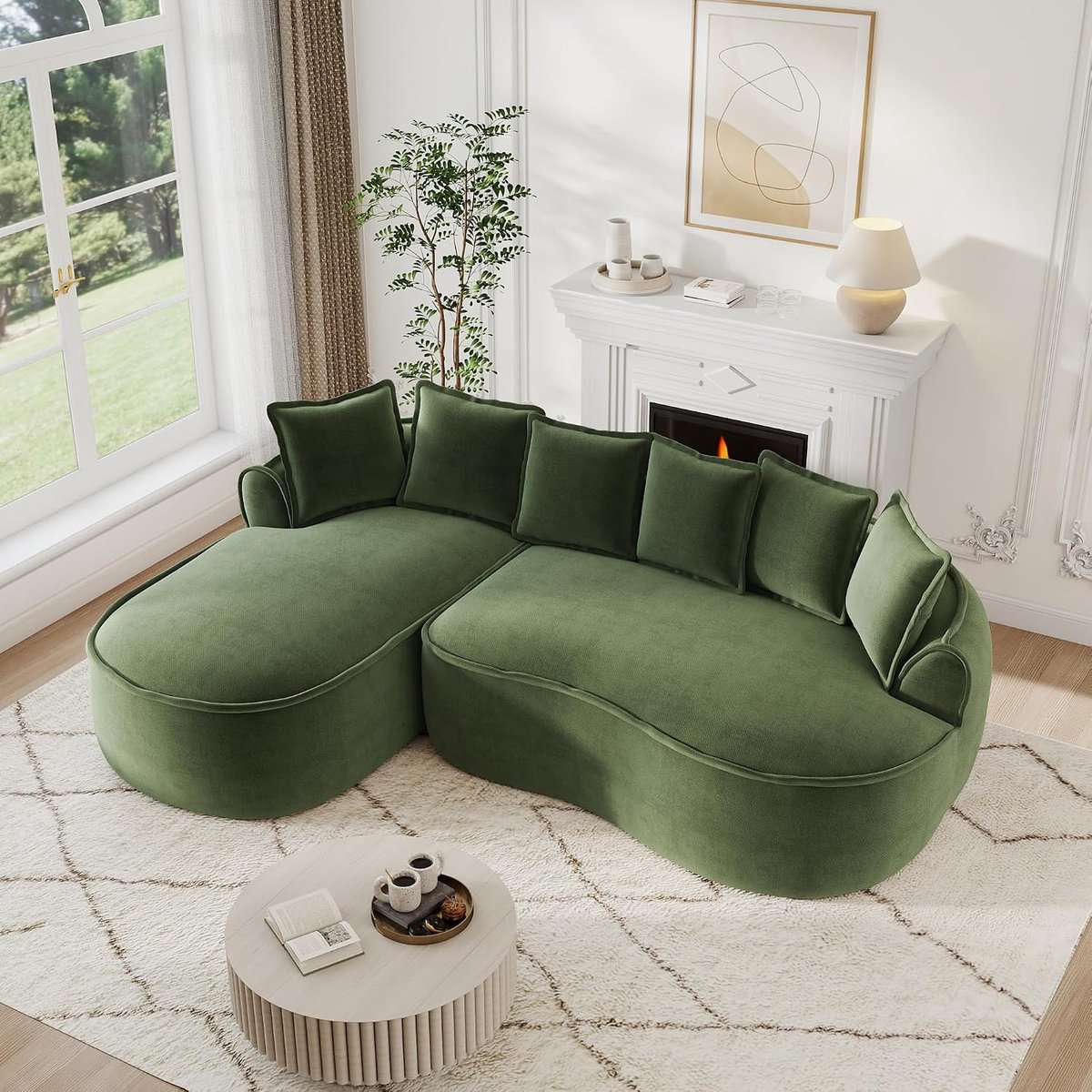 Frameless Modulaire L-vormige hoekbank, cloudsofa, chenille met extra diep zitvlak en chaise longue, vloerbank zonder montage, gebogen bank, boneless slaap, voor woonkamer (groen, 3-zitsbank, L