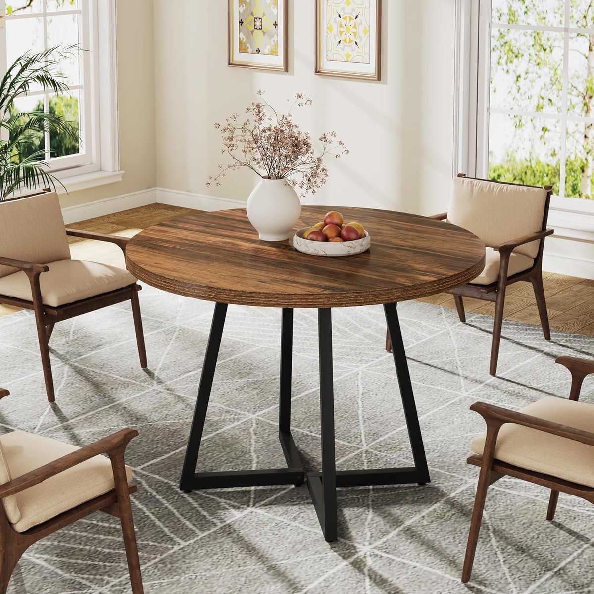 Ronde eettafel voor 2, 31,5 inch industriële eettafel met metalen basis, keukentafel voor eetkamer, kleine ruimte, appartement, rustiek bruin en zwart