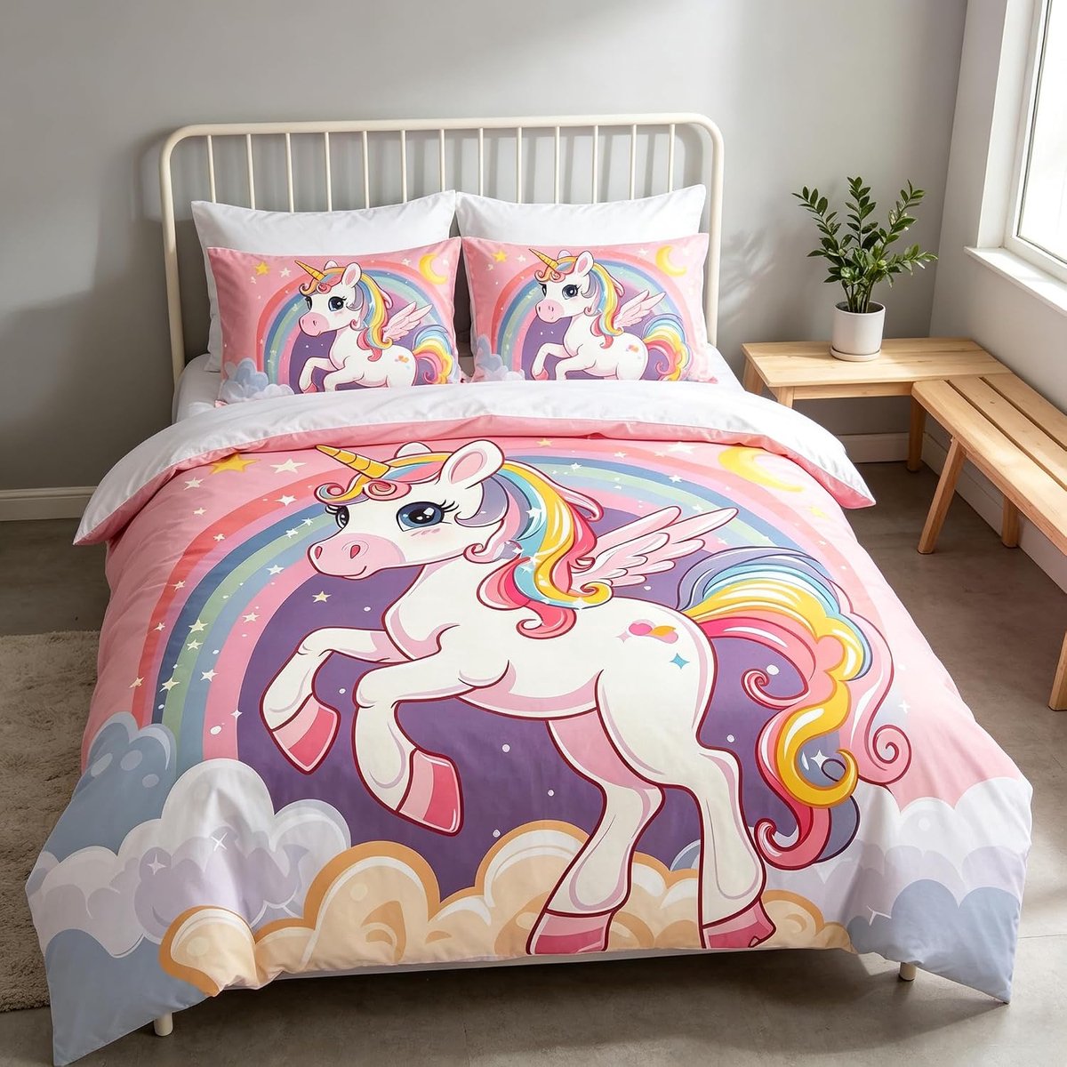 Dekbedovertrekset, roze eenhoorn voor meisjes, cartoon-eenhoornpatroon, kinderdekbedovertrek, regenboogwolken en paarden, dekbedovertrek (B, 220 x 240 cm)