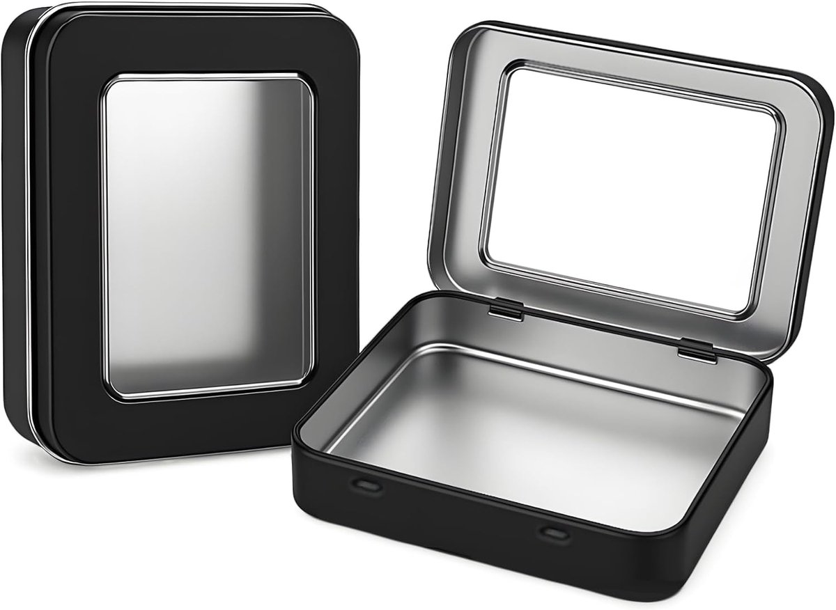 Doosjes met Venster (11,5 x 8,5 x 2,2 cm) – Rechthoekige Mini Opbergdoos met Transparant Deksel, Blik met Scharnier, Minibox voor Kleine Voorwerpen (Zwart, 2 st.)