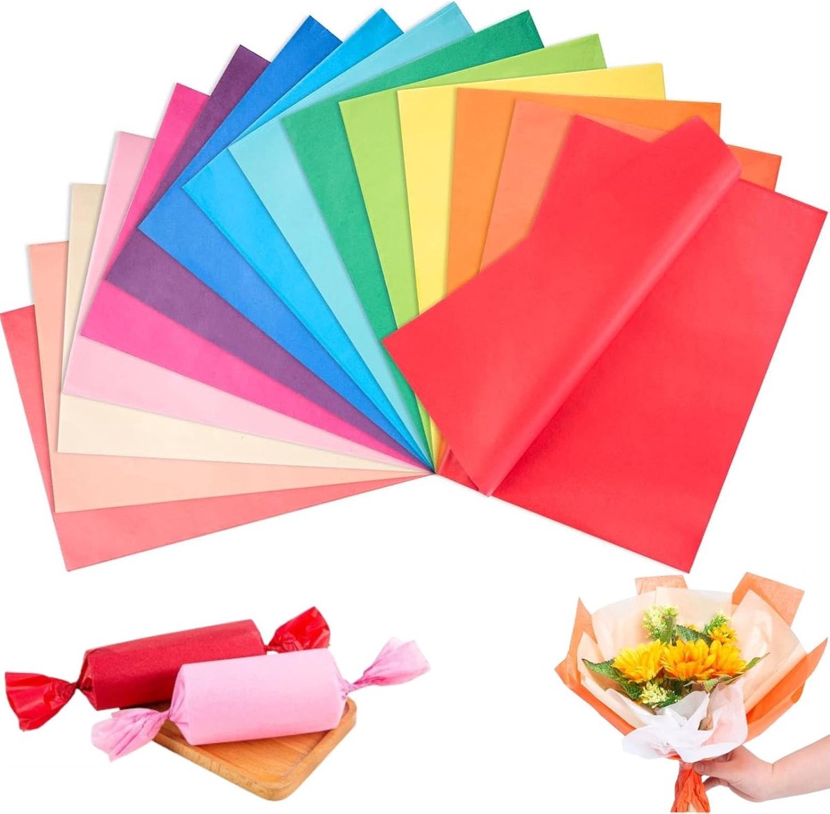 Cadeauvloeipapier gekleurd 15 kleuren, verpakkingsvloeipapier met 75 vellen, cadeaupapier 50 cm × 35 cm, voor verpakkingen, knutselwerkjes, bruiloften, verjaardagsfeesten, decoraties