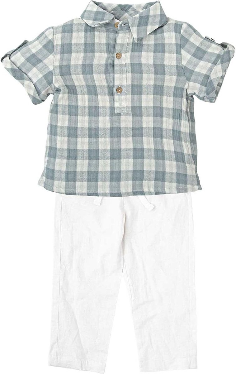 Babidu Conjunto Para Bebé Y Niño Con Camisa de Manga Corta A Cuadros Y Pantalón Largo Blanco uniseks-baby Babyset