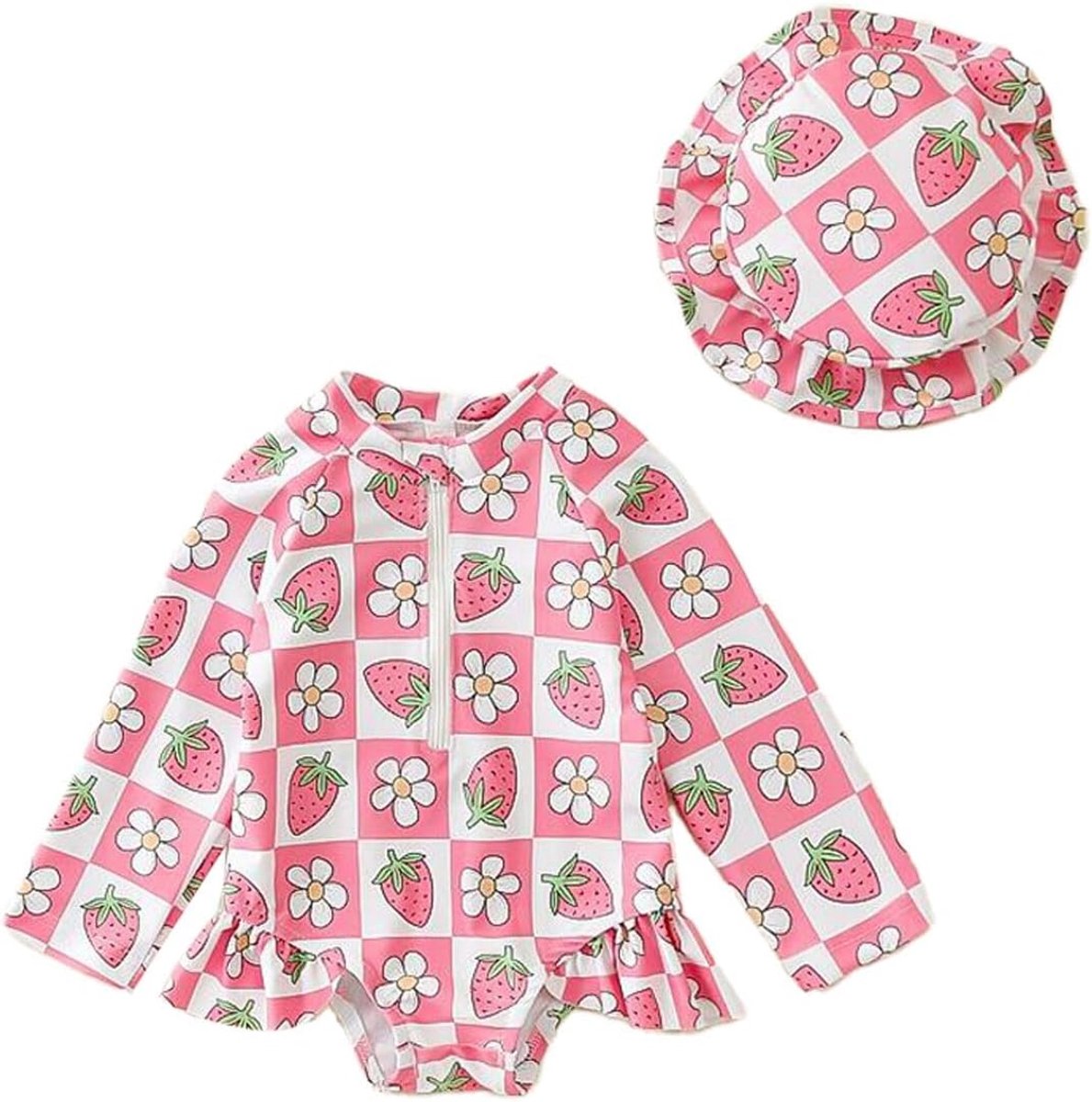 Badpak voor babymeisjes, met strepen, schattig, lange mouwen, eendelig, rashguard met zonnehoed, ritssluiting, badkleding, strandmode