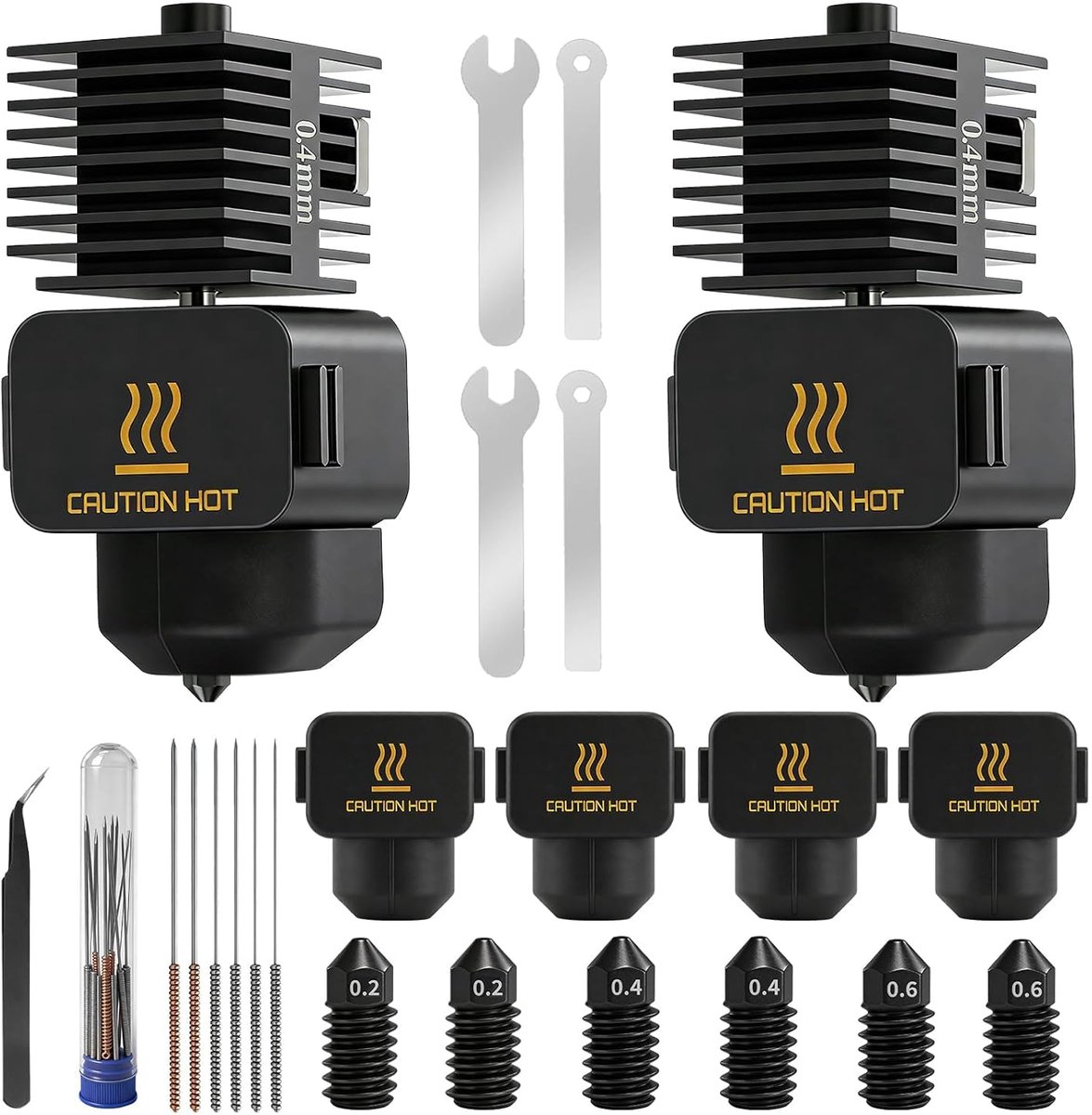 2 stuks mini-hotend set voor Bambu Lab 0,4 mm A1/A1, hotend kit met extruder printkop Hot End 0,2-0,4-0,6 mm gehard stalen mondstuk siliconen sok reinigingsnaald pincet voor Bambu Lab A1 mini/A1