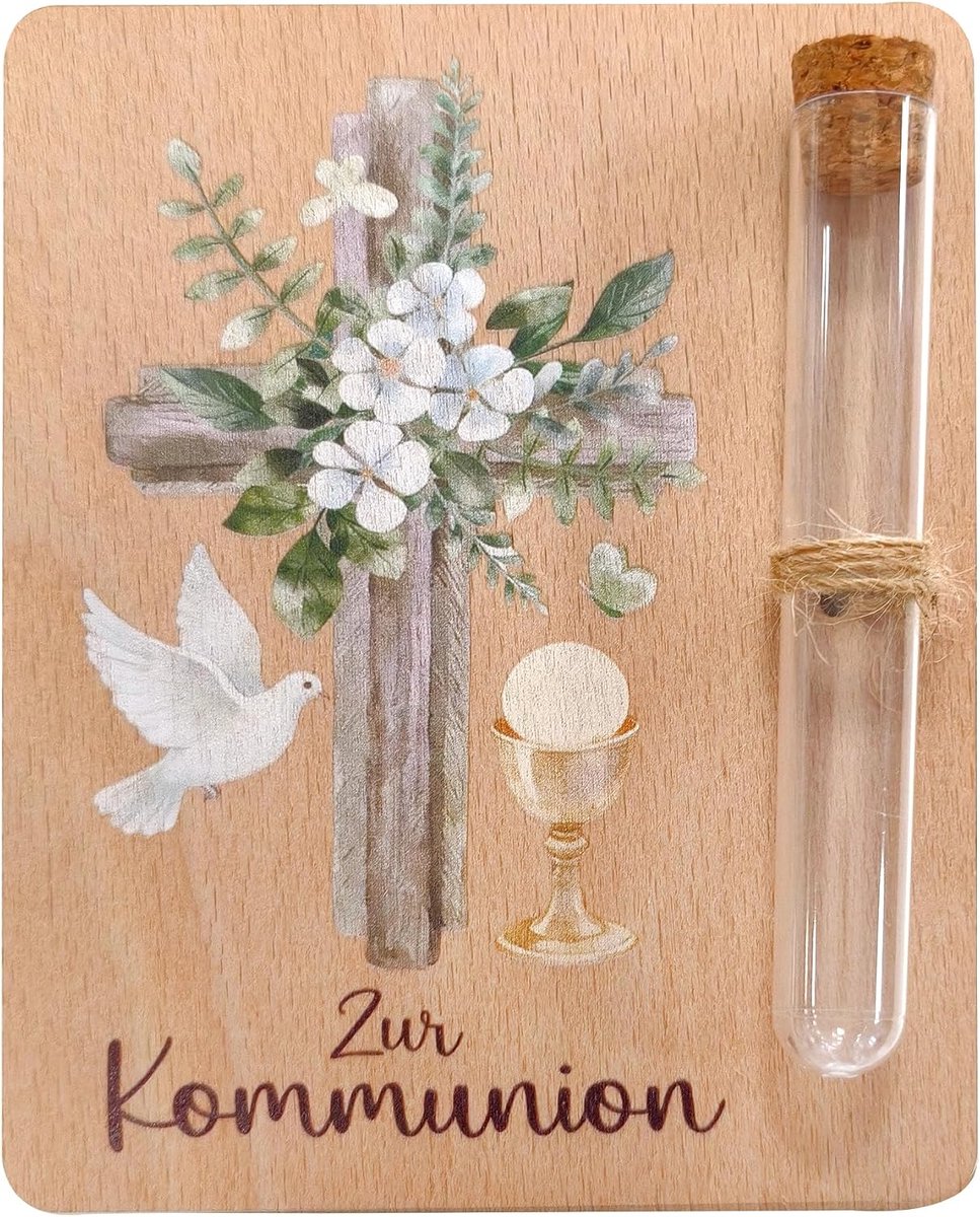 kaart met glazen buizen, geldgeschenkverpakking voor jongens en meisjes, bloemendesign, feestelijke herinnering aan de eerste communie