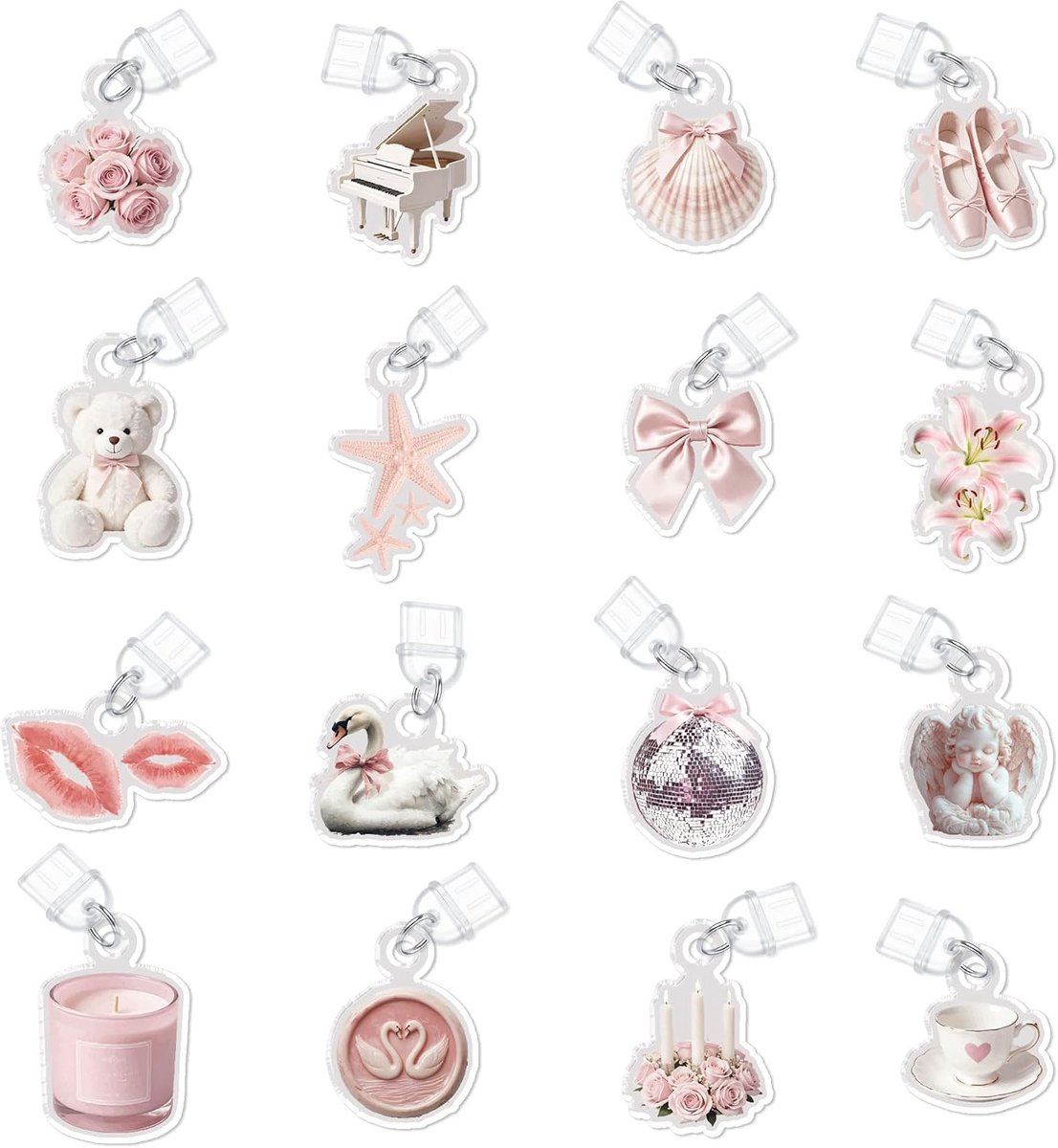16 stuks 16 stli ontwerpen coquette stofplug bedels roze esthetische acryl stofplug type C lange e-reader hanger cadeau voor boekenliefhebbers, leraren en vrienden