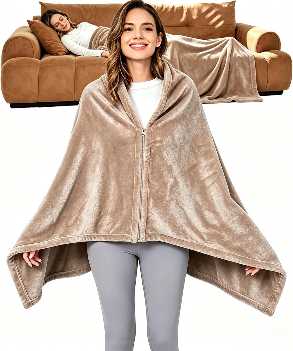 Flanellen deken, poncho voor dames en heren, extra zachte wintercape als bankdeken, reisdeken, warme woondeken voor thuis, vliegtuig, kantoor en camping, duurzaam, 180 x 90 cm