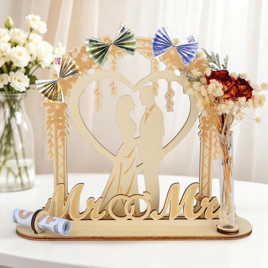 Geschenkdoos voor bruiloft van hout, geldgeschenk voor bruiloften, romantische decoratie voor koppels, met led-lichtketting, gedroogde bloemen, bankbiljettenhouder, origineel cadeau voor bruiloft — afbeelding 4