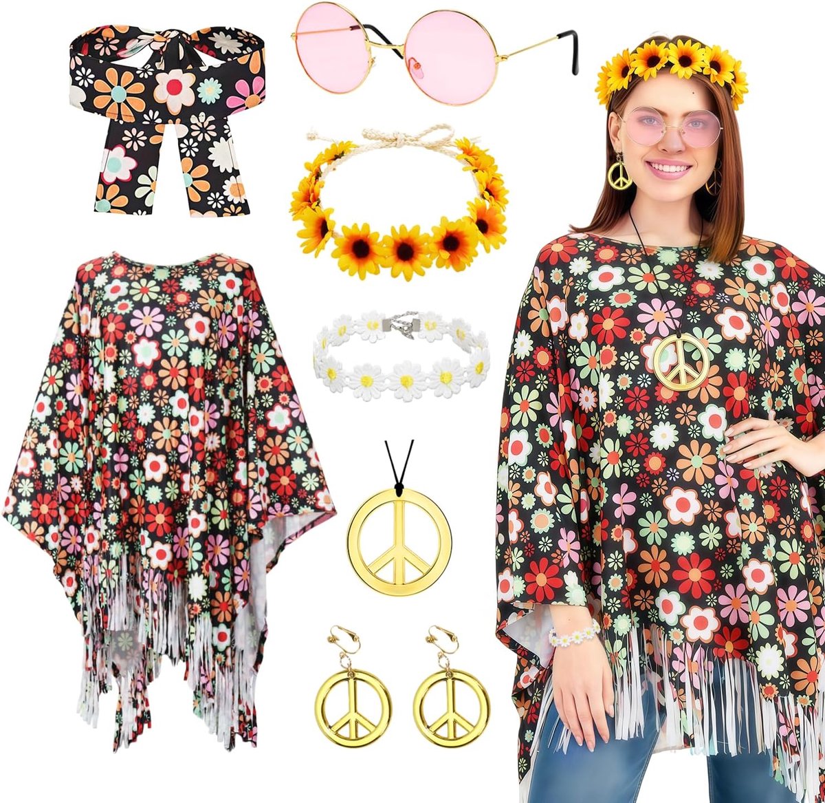 Hippiekostuum voor dames, jaren '60 en 70 hippiekostuum voor dames, carnavalskostuums, hippie dames, hippieponcho, disco, carnaval, hippiefeestkostuum