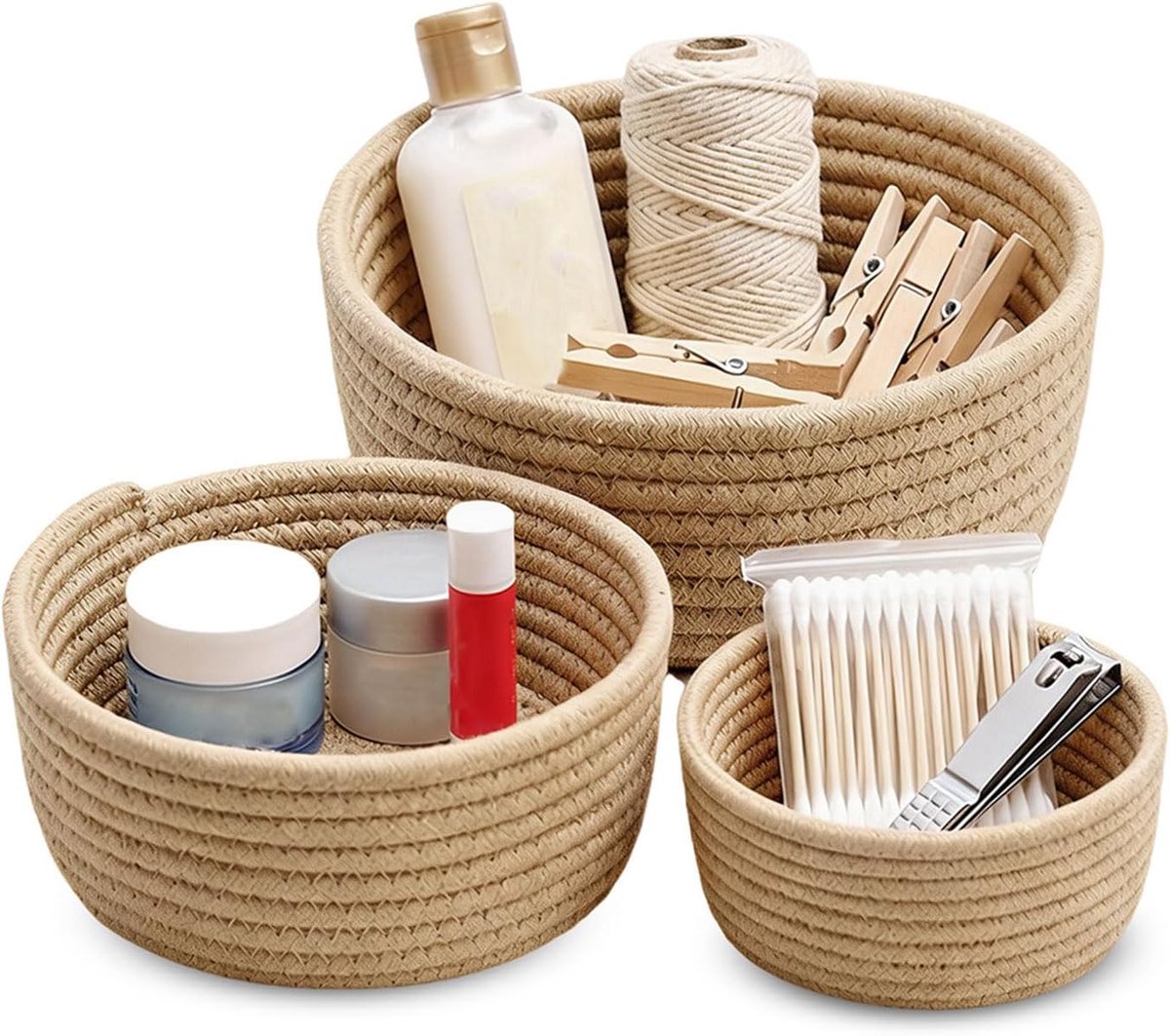 Set van 3 gevlochten opbergmanden, ronde katoenen draad, stapelbare opbergmanden, multifunctionele organizermanden voor woonkamer en badkamer (bruin)