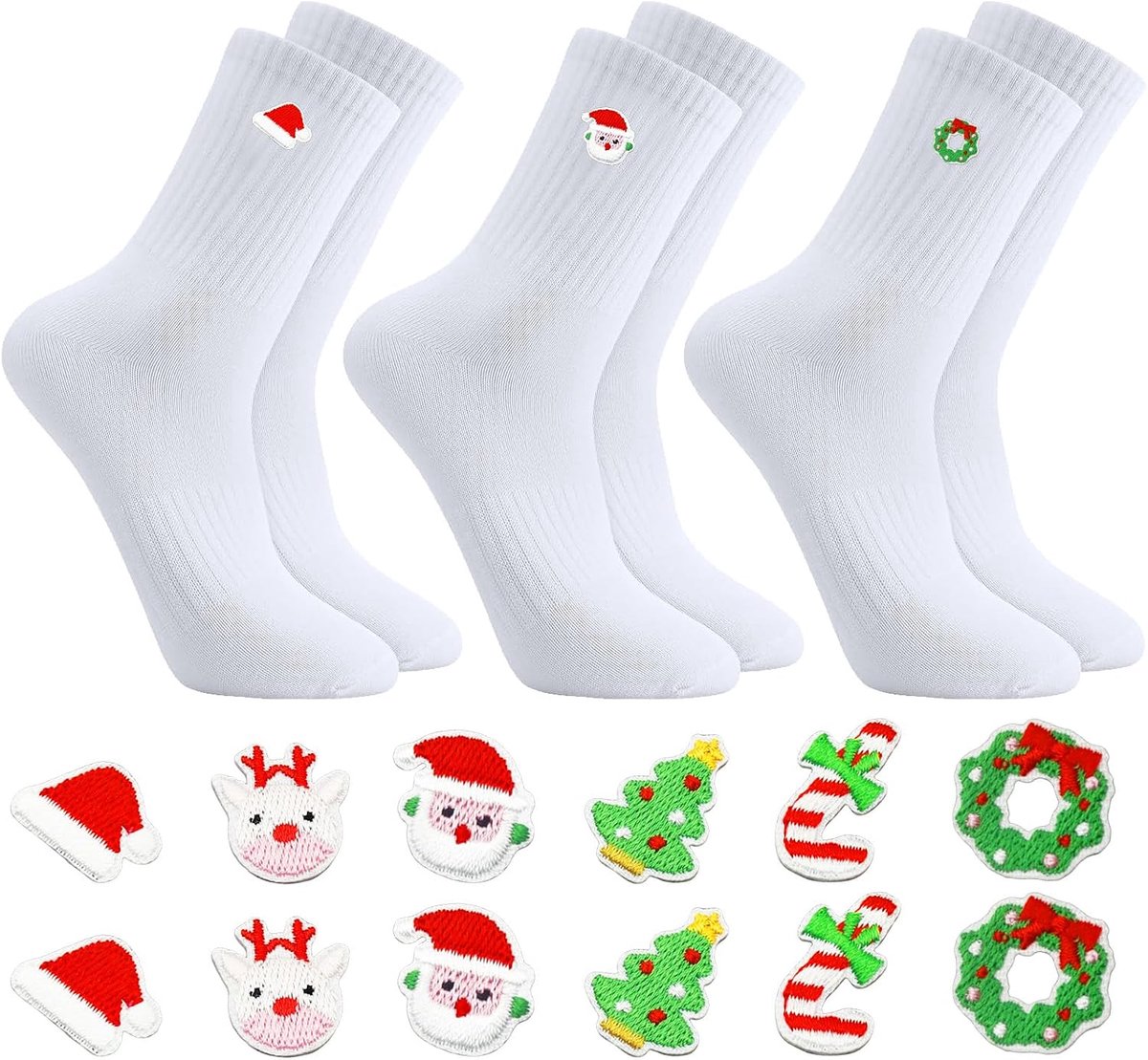 Sokken voor dames en heren, 3 paar kerstsokken voor dames en heren + 12 strijkbare kerstpatches, tennissokken voor dames en heren, feestelijke kerstsokken