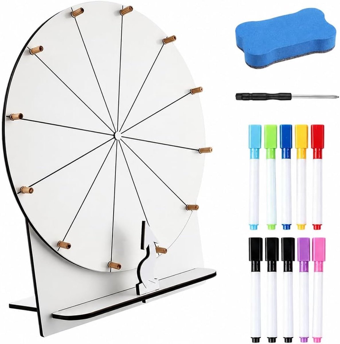 35 cm, 12 velden, gelukswiel met 10 droog afwisbare markers en gum, gepersonaliseerd design, gelukswielen voor games, wit