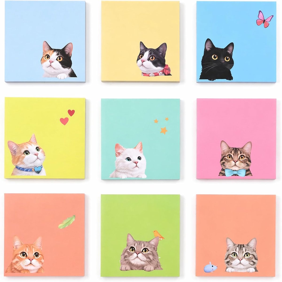 Zelfklevende notitieset, 9 blokken kleurrijke sticky notes, schattige plakbriefjes, zelfklevende notities voor kantoor, school en thuis, cadeau voor kattenliefhebbers, kattendecoratie, cadeautje