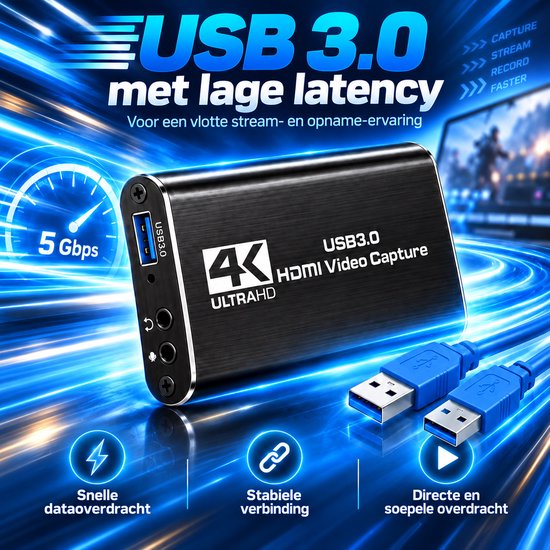 Zwarte 4K HDMI video capture kaart met USB 3.0, met blauwe USB-kabels. Bevat "USB 3.0 met lage latency" en "5 Gbps".