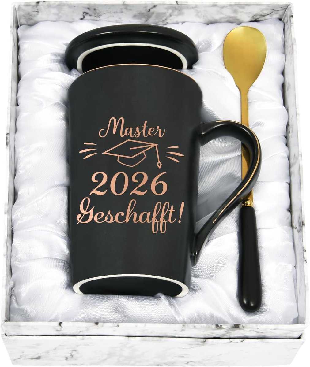 Afstudeercadeau Mok, Geslaagd Exame Cadeau Koffiebeker, Cadeaus voor Master 2026 Volbracht, Schoolafstuderen, 400ML Keramische Marmerbeker met Deksel, Lepel en Cadeaubox