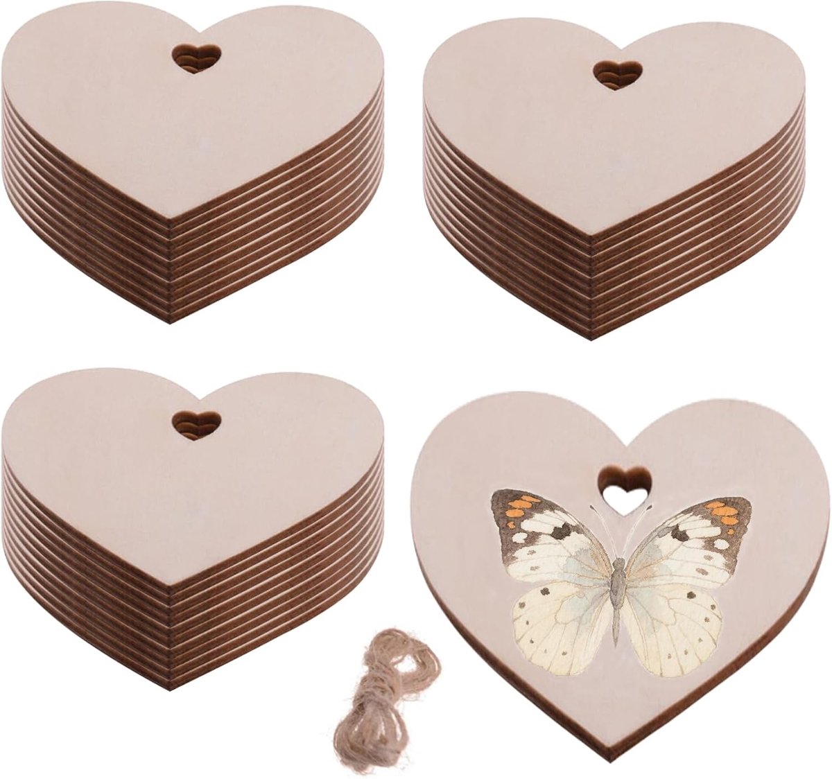 30 stuks houten harten om te beschrijven, van buxushout, 8 x 8 cm, 0,3 cm dik, met ophangbanden voor creatieve doe-het-zelf kerstdecoratie, knutselen, bruiloft